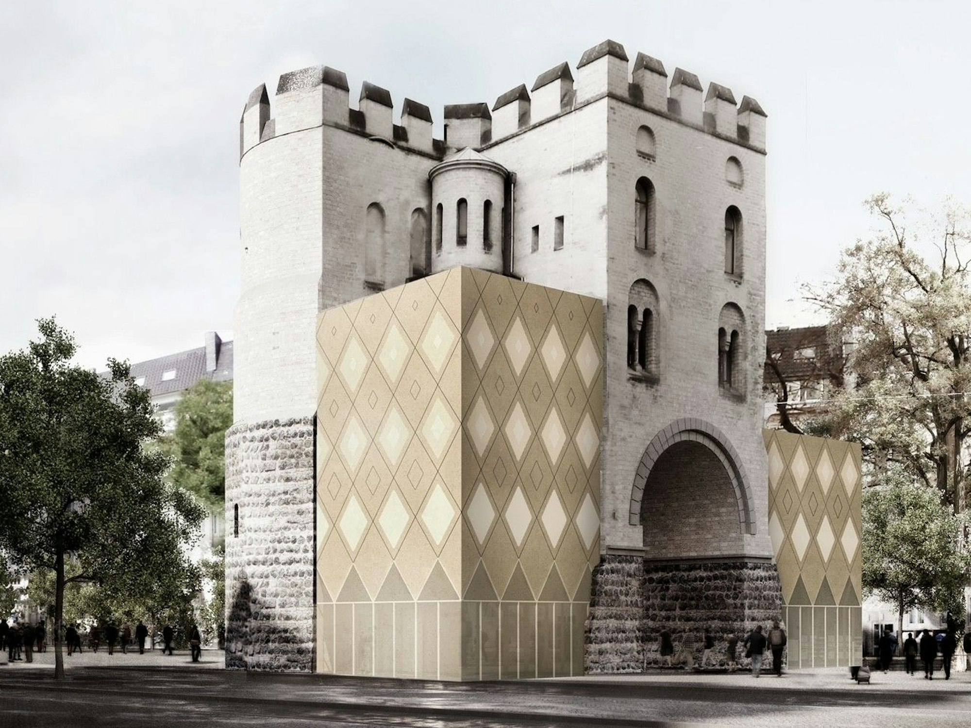 Ein Plan zeigt, wie eine alte Torburg nach dem Umbau aussehen soll. Rechts und links der Torburg wird es jeweils einen Anbau geben.