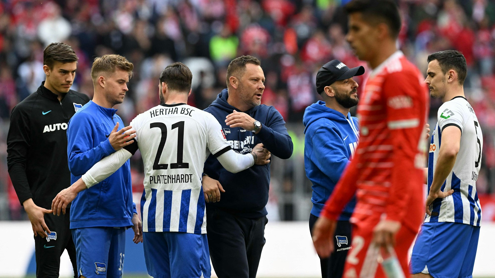 Hertha-Kapitän Marvin Plattenhardt klatscht mit Trainer Pal Dardai und mehreren Ersatzspielern ab.