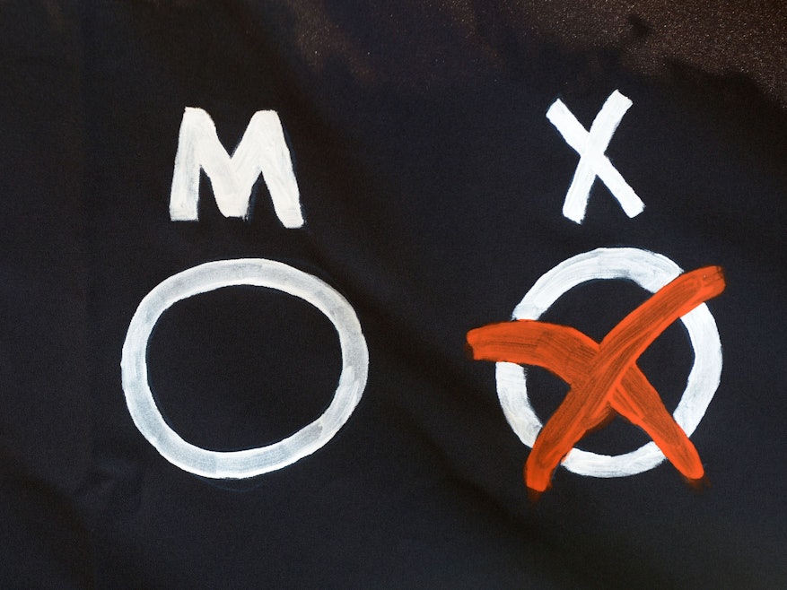 Drei Kreise zum Ankreuzen, darüber die Buchstaben W, M und X.