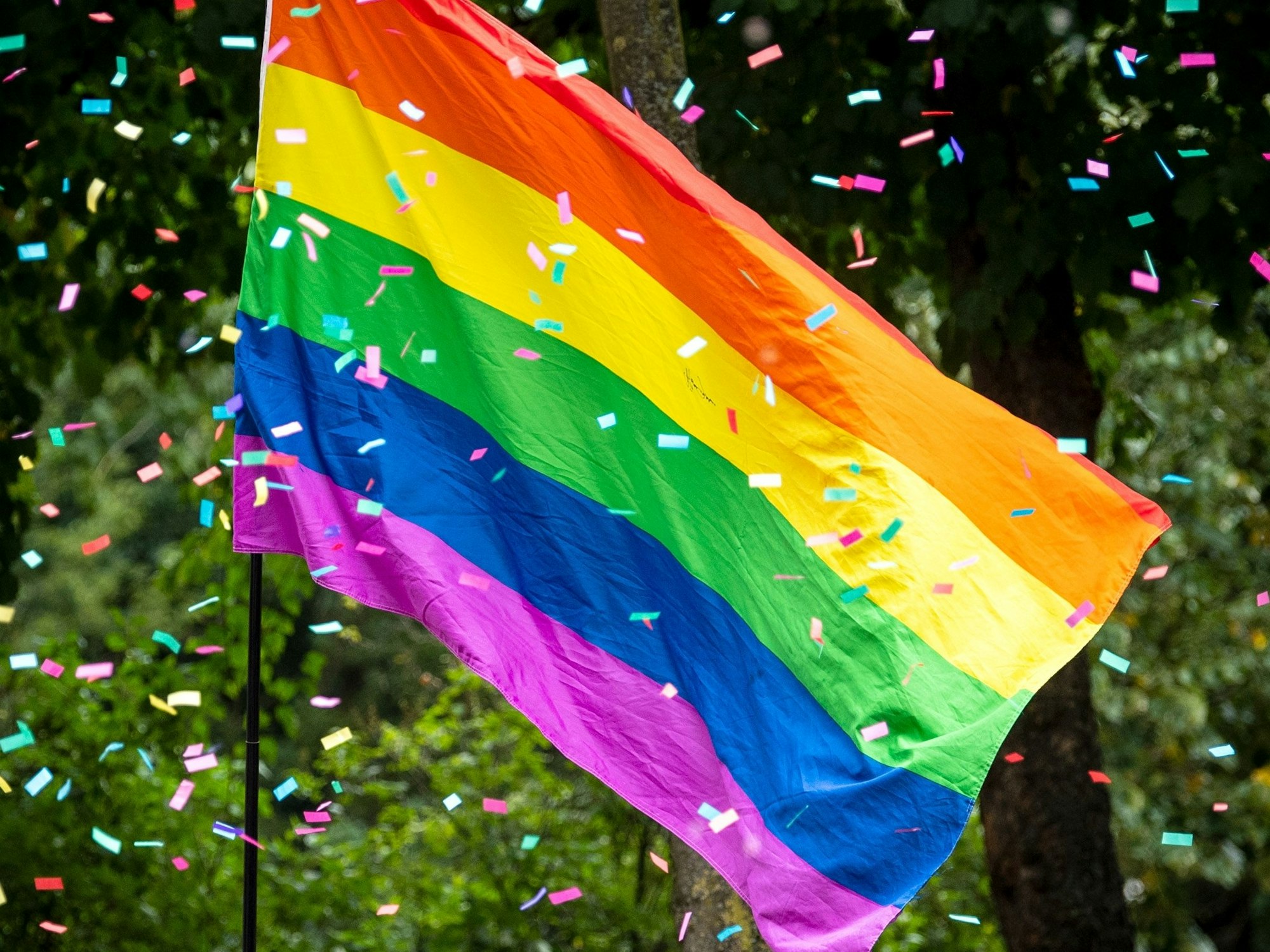 Teilnehmer ziehen beim Christopher Street Day (CSD) mit einer Regenbogenflagge durch die Innenstadt.