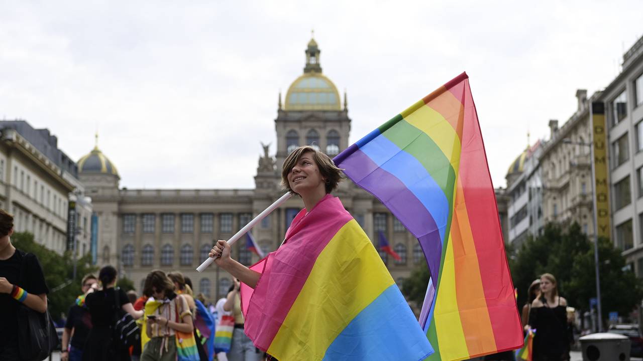 Eine Person trägt eine Regenbogenfahne und eine Pride-Fahne der Pansexuellen auf dem Prager Pride-Festival.