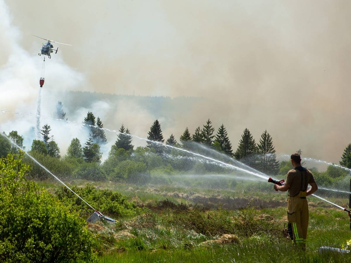 Die Feuerwehr versucht mit einem Hubschrauber einen Moorbrand im deutsch-belgischen Grenzgebiet bei Aachen zu löschen. Das Feuer sei auf belgischer Seite im Hohen Venn ausgebrochen, teilte am 30. Mai 2023 die Städteregion Aachen mit.