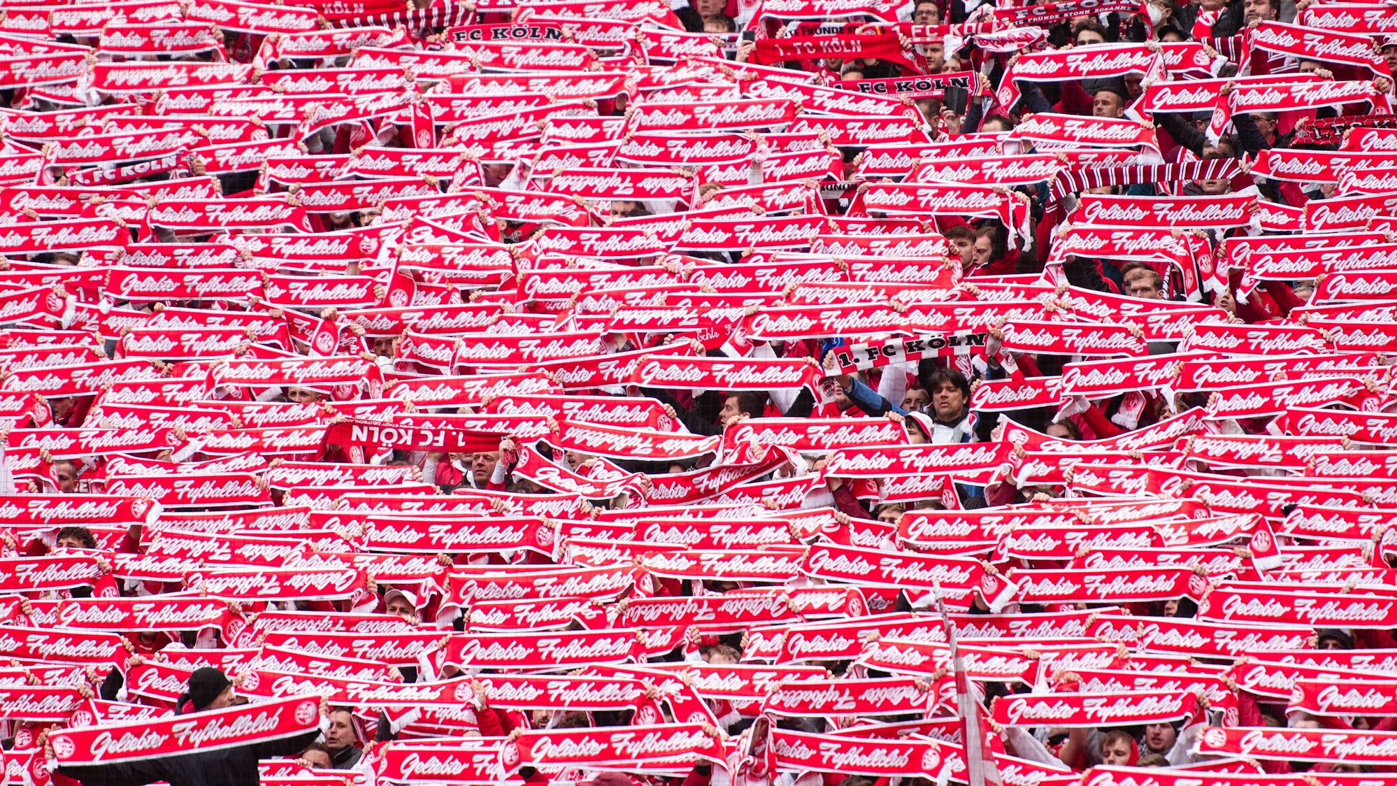 Fans des 1. FC Köln halten beim Spiel gegen Borussia Mönchengladbach ihre Fanschals mit der Aufschrift „Geliebter Fußballclub“ hoch.