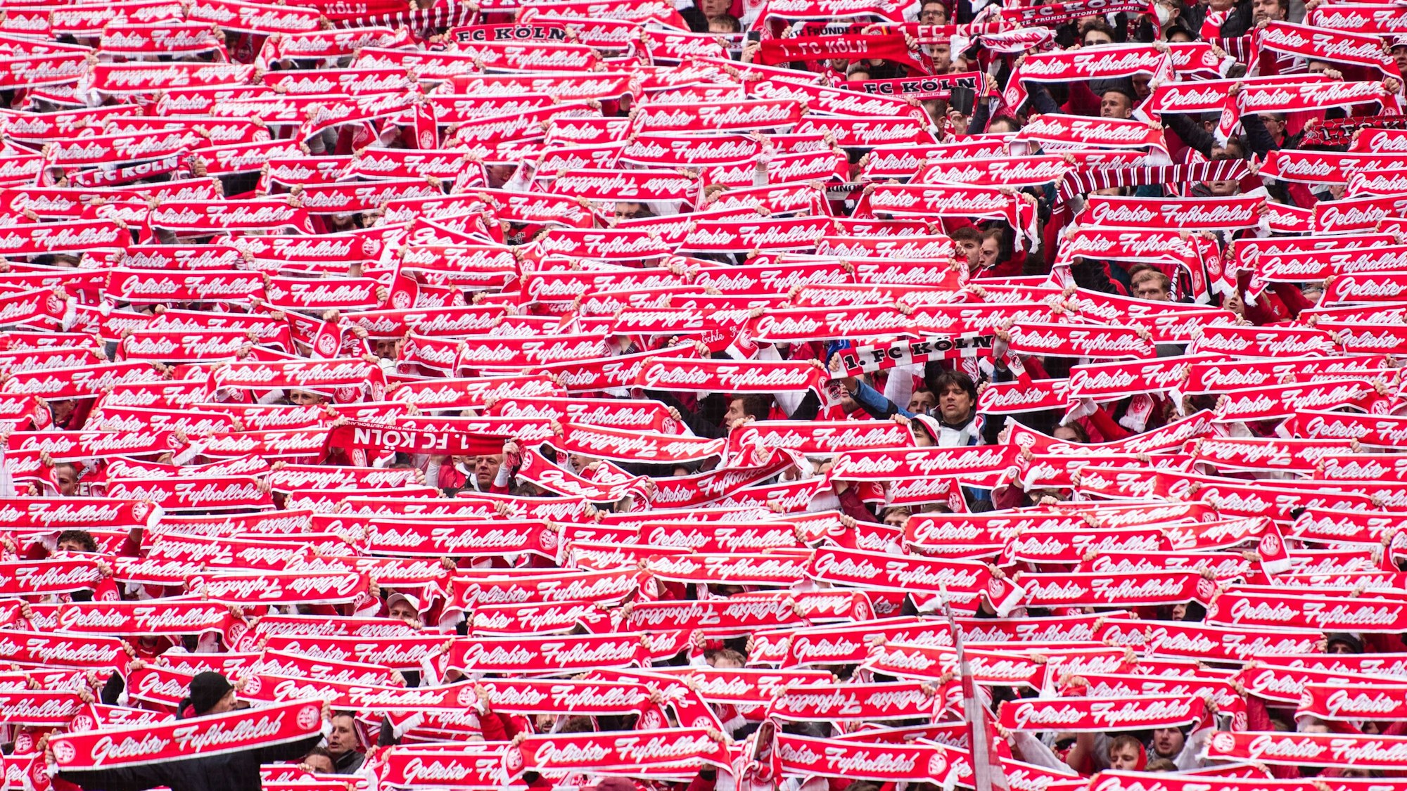 Fans des 1. FC Köln halten beim Spiel gegen Borussia Mönchengladbach ihre Fanschals mit der Aufschrift „Geliebter Fußballclub“ hoch.