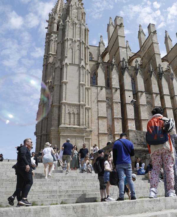 Menschen gehen neben der Kathedrale von Palma de Mallorca spazieren.