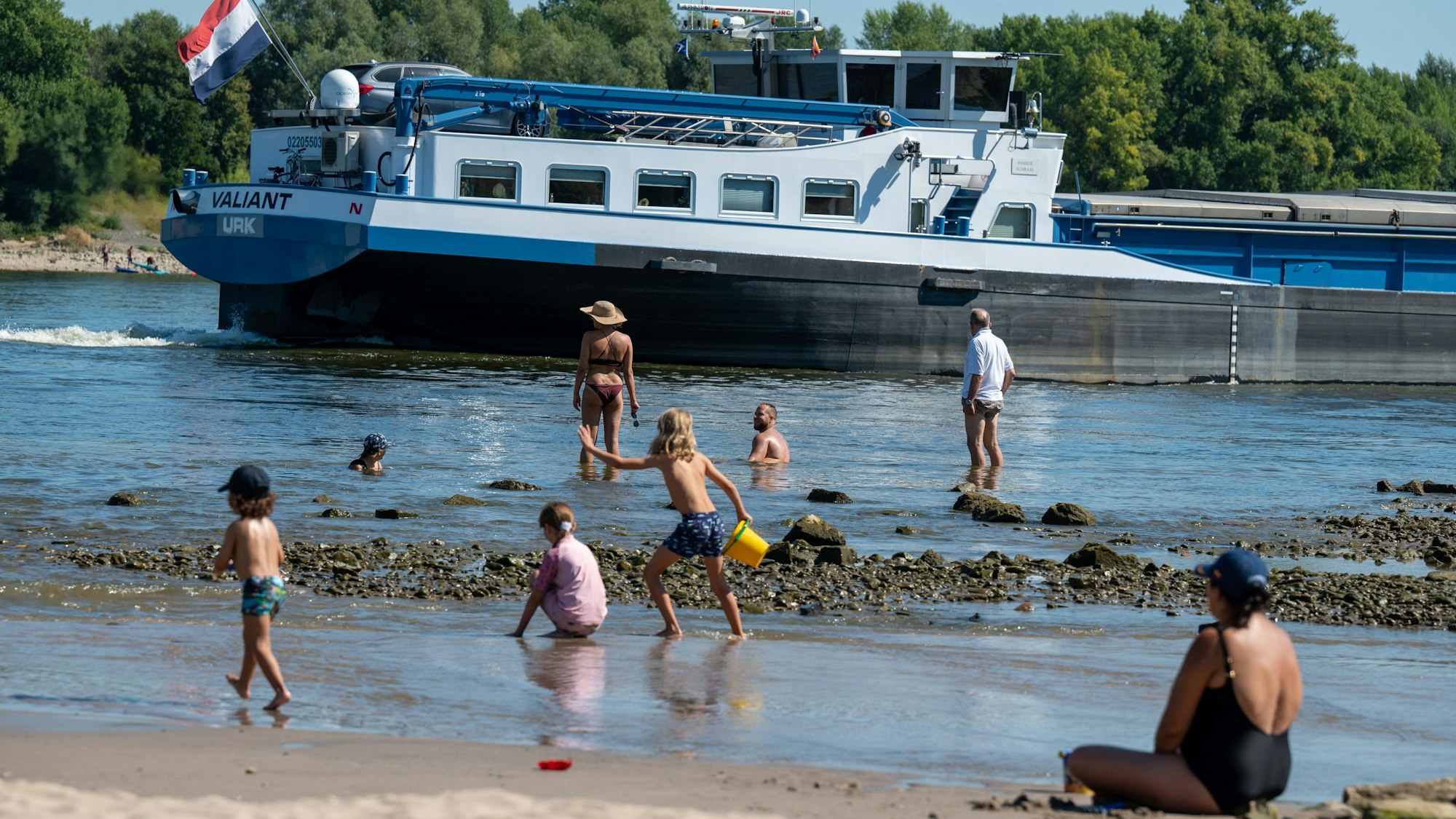 Am Rodenkirchner Strand baden Erwachsene und Kinder im Rhein.