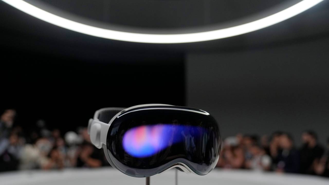 The Apple Vision Pro headset is displayed in a showroom on the Apple campus in Cupertino, Calif., at the company's annual developers conference, Monday, June 5, 2023. (AP Photo/Jeff Chiu)