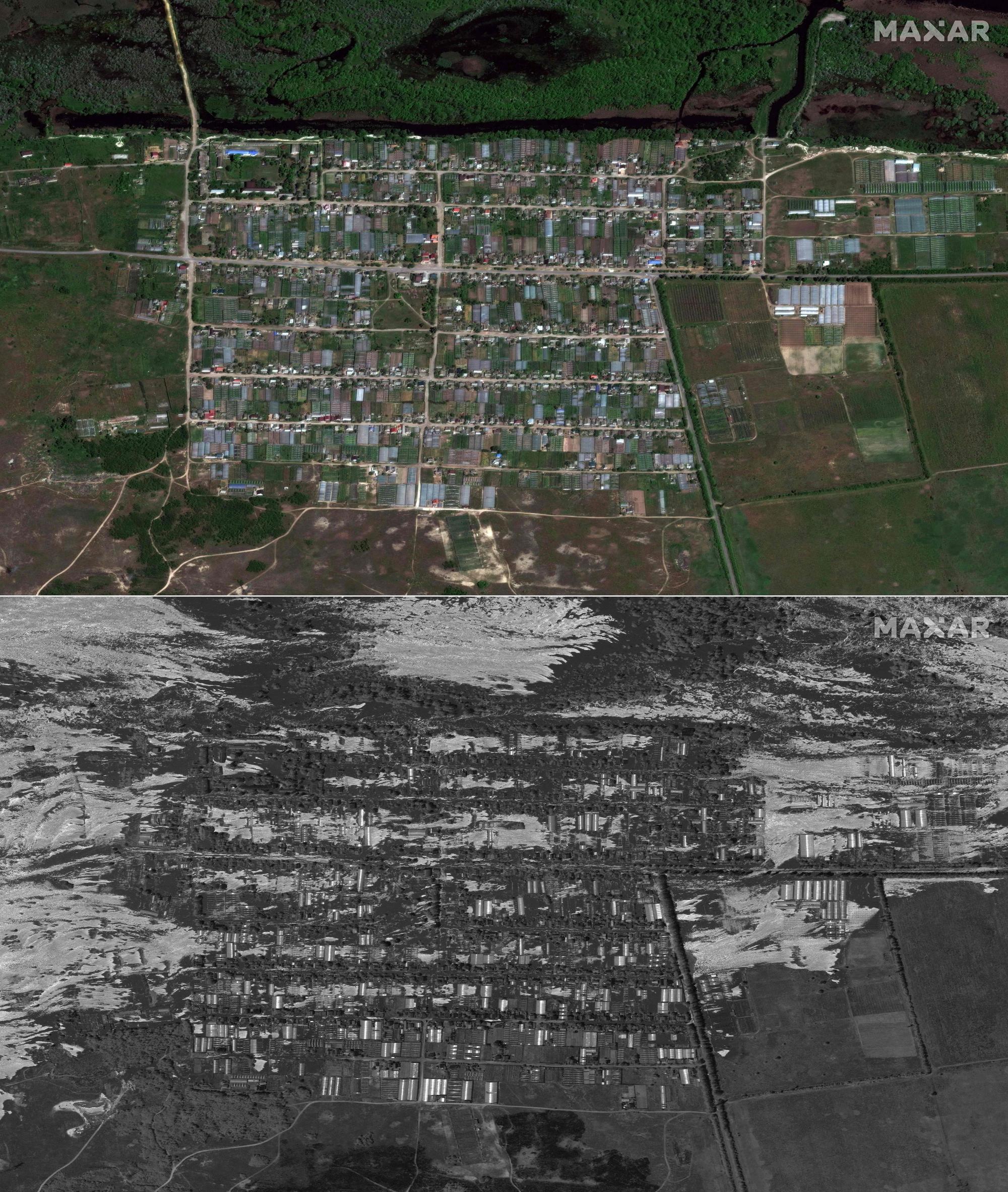 Die Satellitenbilder von Maxar Technologies zeige das Dorf Korsunka (oben) am 15. Mai 2023 und dasselbe Gebiet am 6. Juni 2023 nach der Überschwemmung.