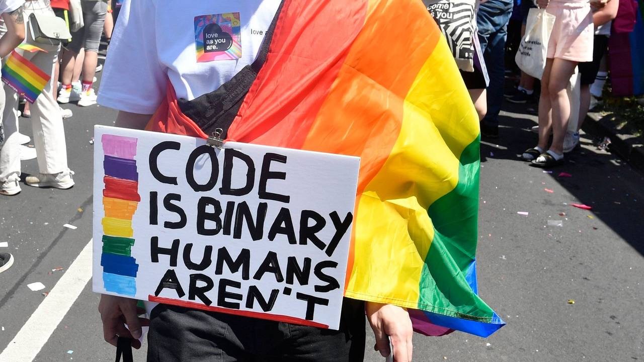 Demonstrierende Person mit einem beschrifteten Schild und einer Regenbogenflagge.