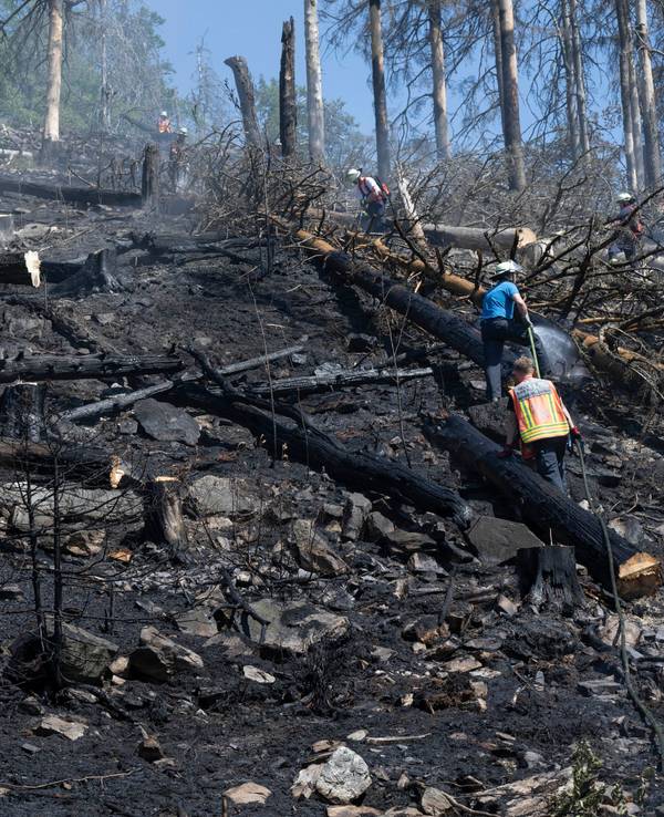 Ein Feuerwehrmann löscht Glutnester und wieder auflodernde Flammen bei einem Waldbrand im Taunus.