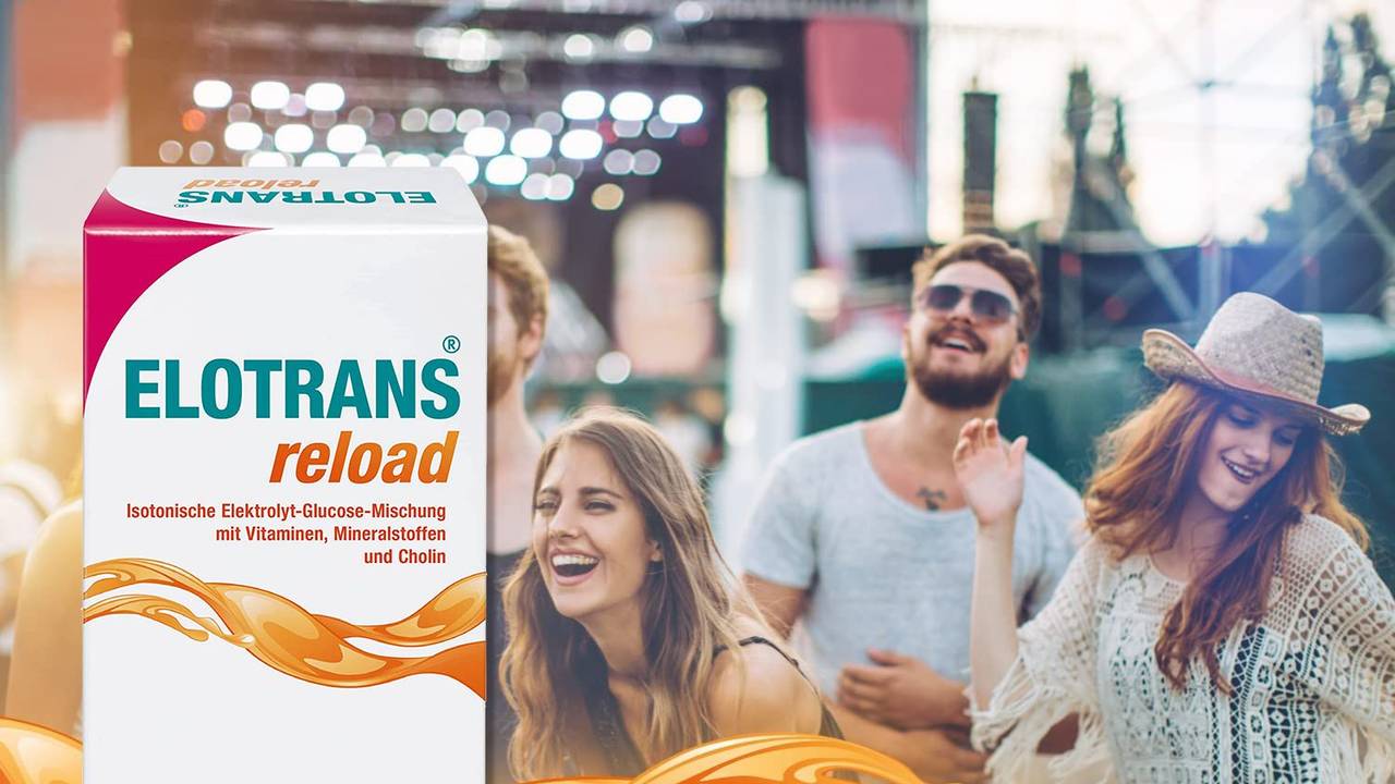 Personen tanzen auf einem Festival. Darstellung der Elotransverpackung.