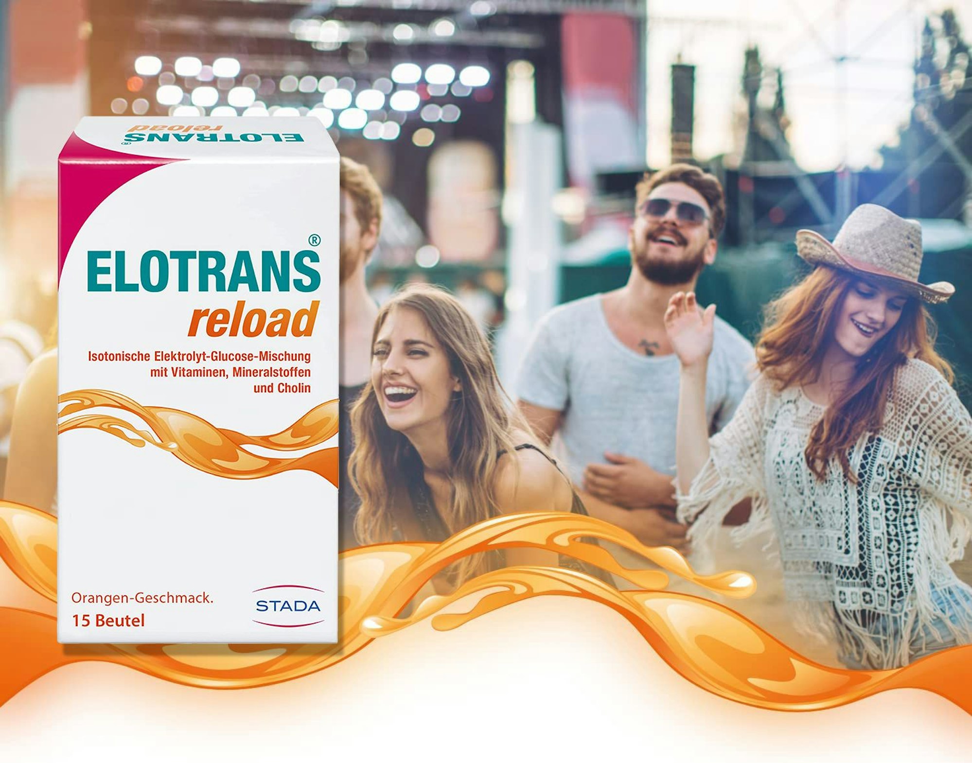 Personen tanzen auf einem Festival. Darstellung der Elotransverpackung.