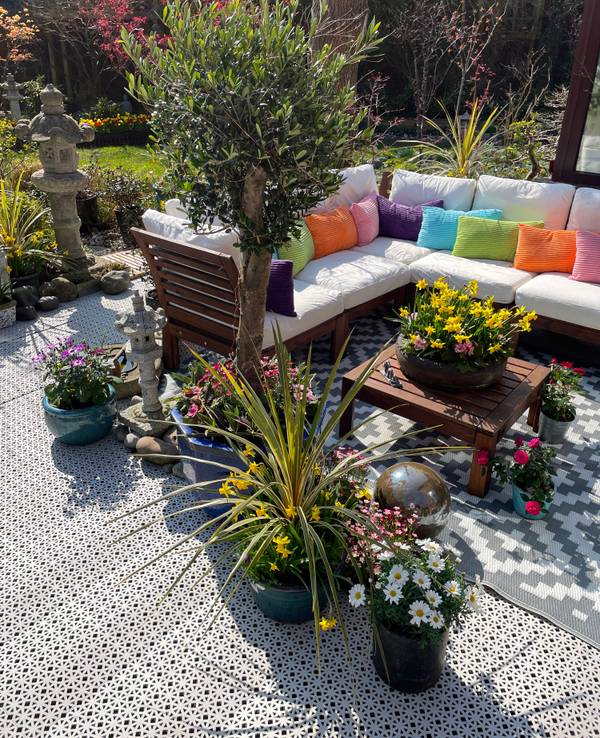 Mediterranes Pflanzen-Arrangement auf einer Terrasse