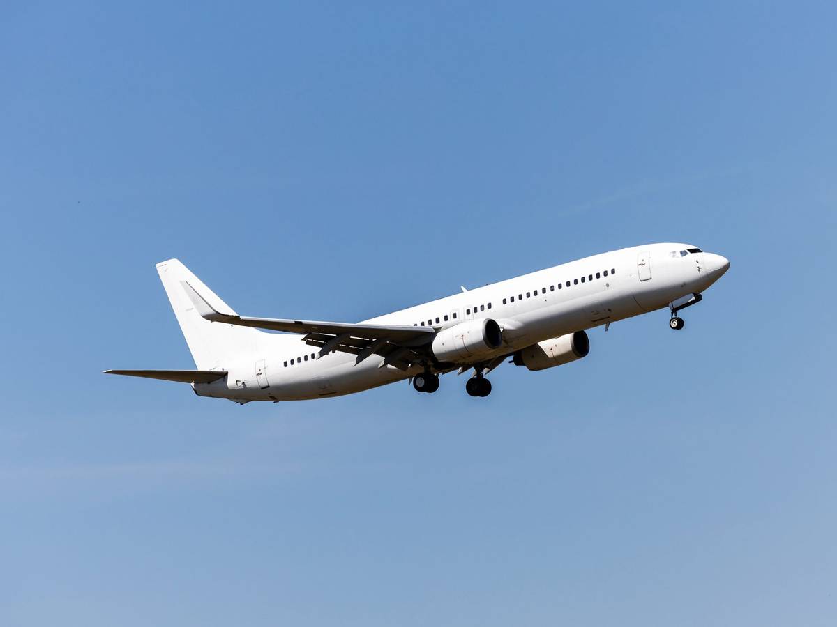 Ein Passagierflugzeug fliegt durch den Himmel.