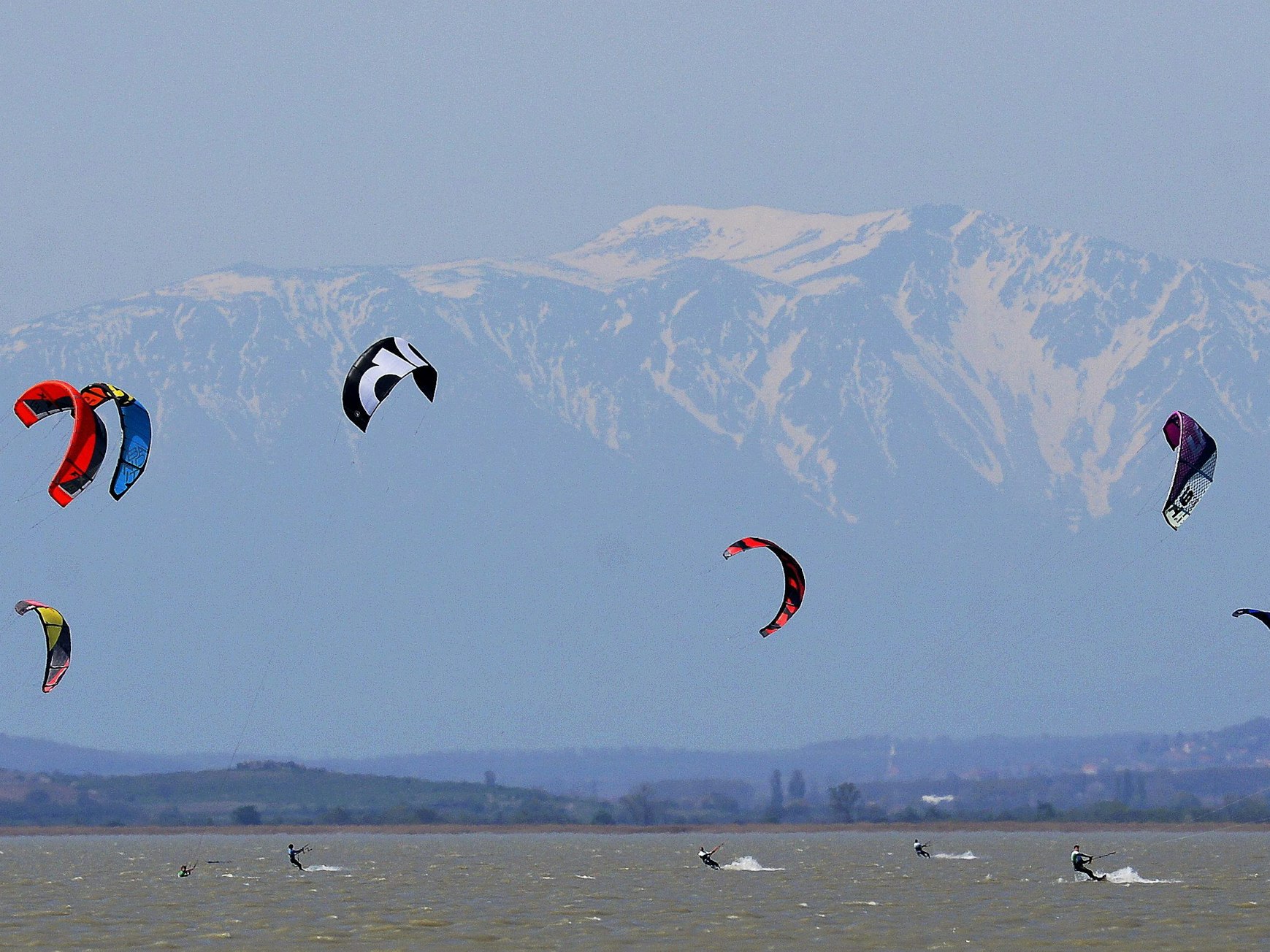Wassersportlerinnen und -sportler windsurfen auf dem Neusiedlersee bei Wien