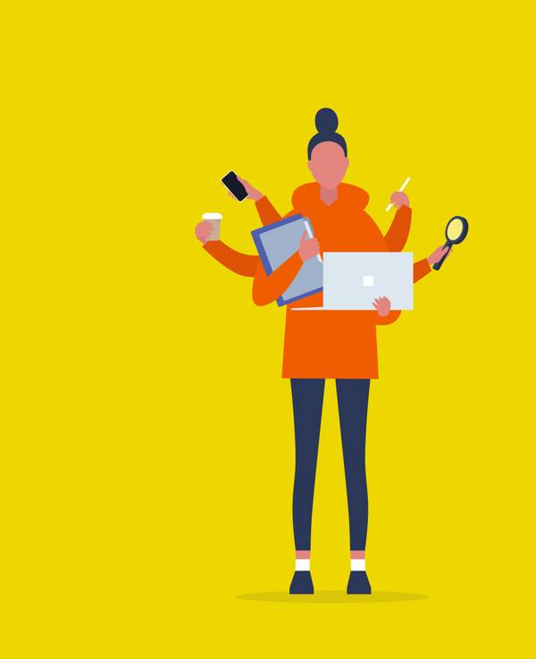 Comic einer jungen Frau der Gen Z mit Computer und Co beim Multitasking