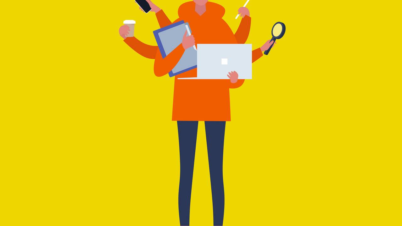 Comic einer jungen Frau der Gen Z mit Computer und Co beim Multitasking