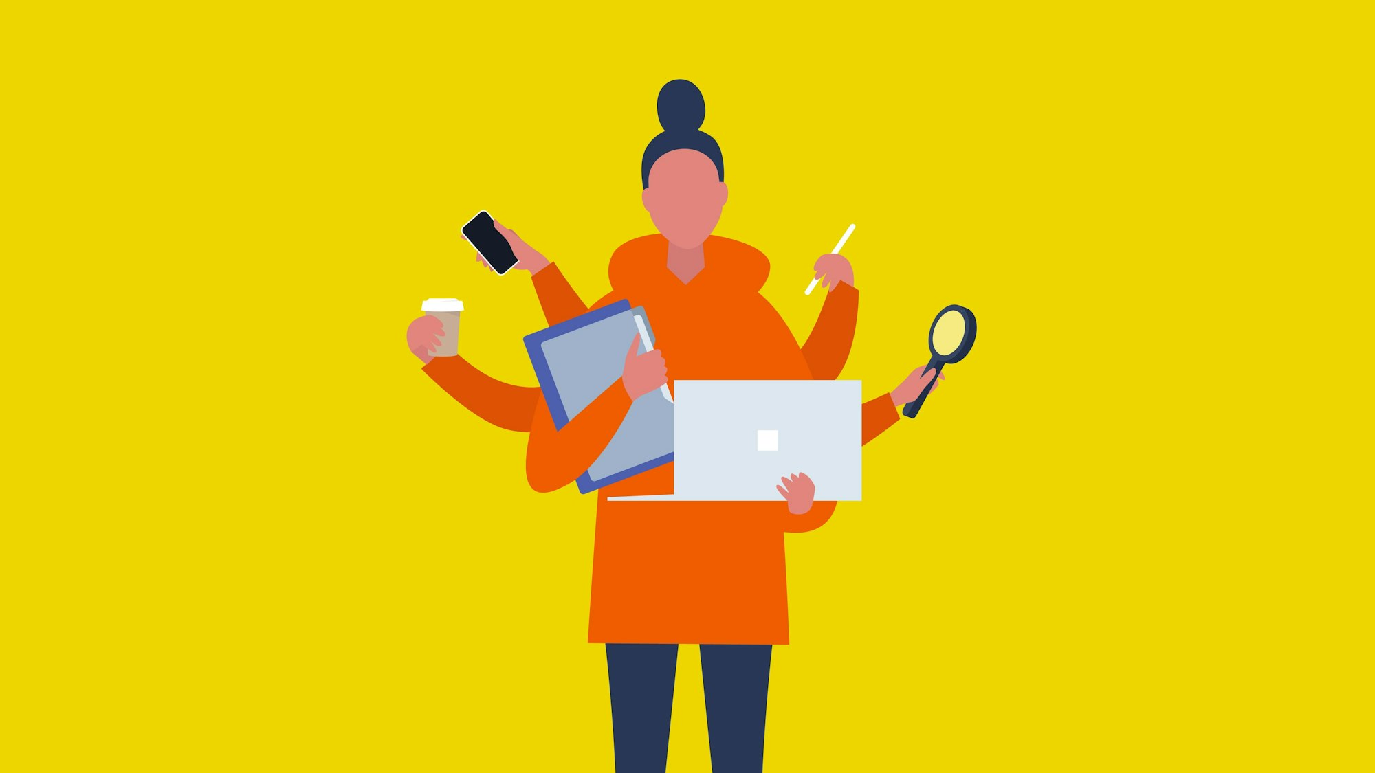 Comic einer jungen Frau der Gen Z mit Computer und Co beim Multitasking