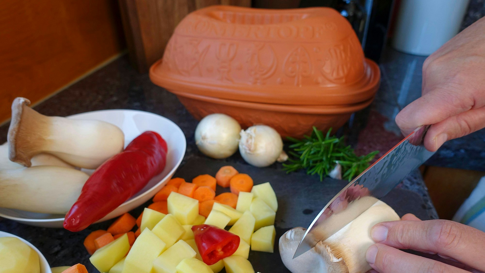 Ein Römertopf hinter geschnittenen Möhren und Paprika und Pilzen