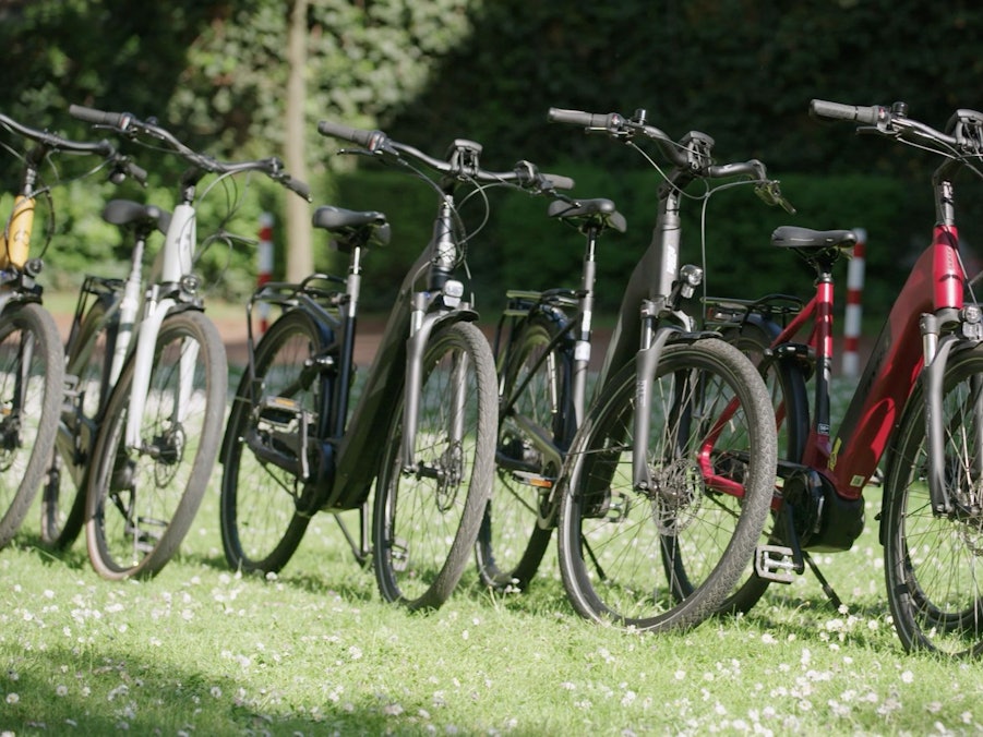 E-Bikes stehen aufgereiht nebeneinander.