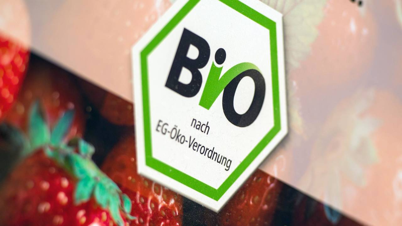 Das Bio-Siegel für Bioprodukte, die nach der EG-Öko-Verordnung produziert wurden, aufgenommen auf der Internationalen Grünen Woche, hier im Januar 2017.