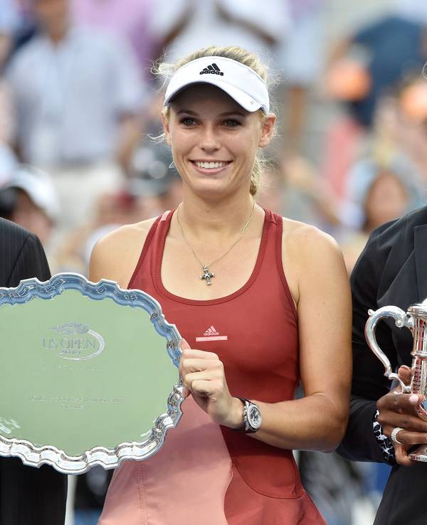 Serena Williams und Caroline Wozniacki nach dem Finale der US Open bei der Siegerehrung.