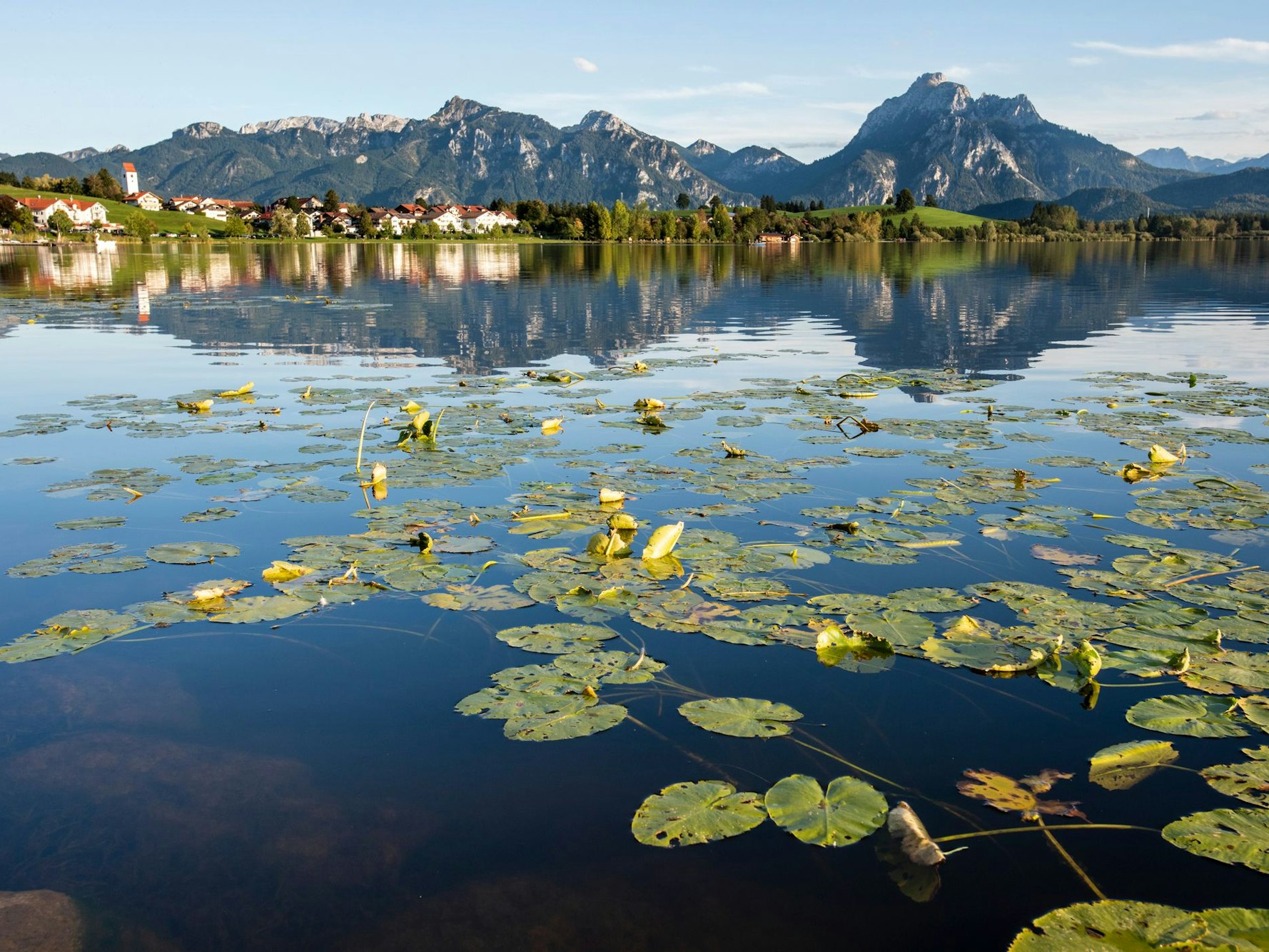 Blick auf die Bergkulisse am Hopfensee in Bayern.