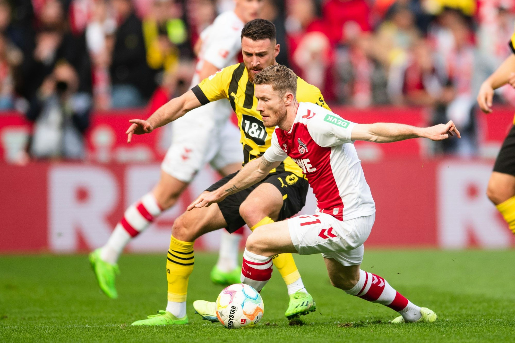 Kölns Florian Kainz (r) und Dortmunds Salih Özcan kämpfen um den Ball.