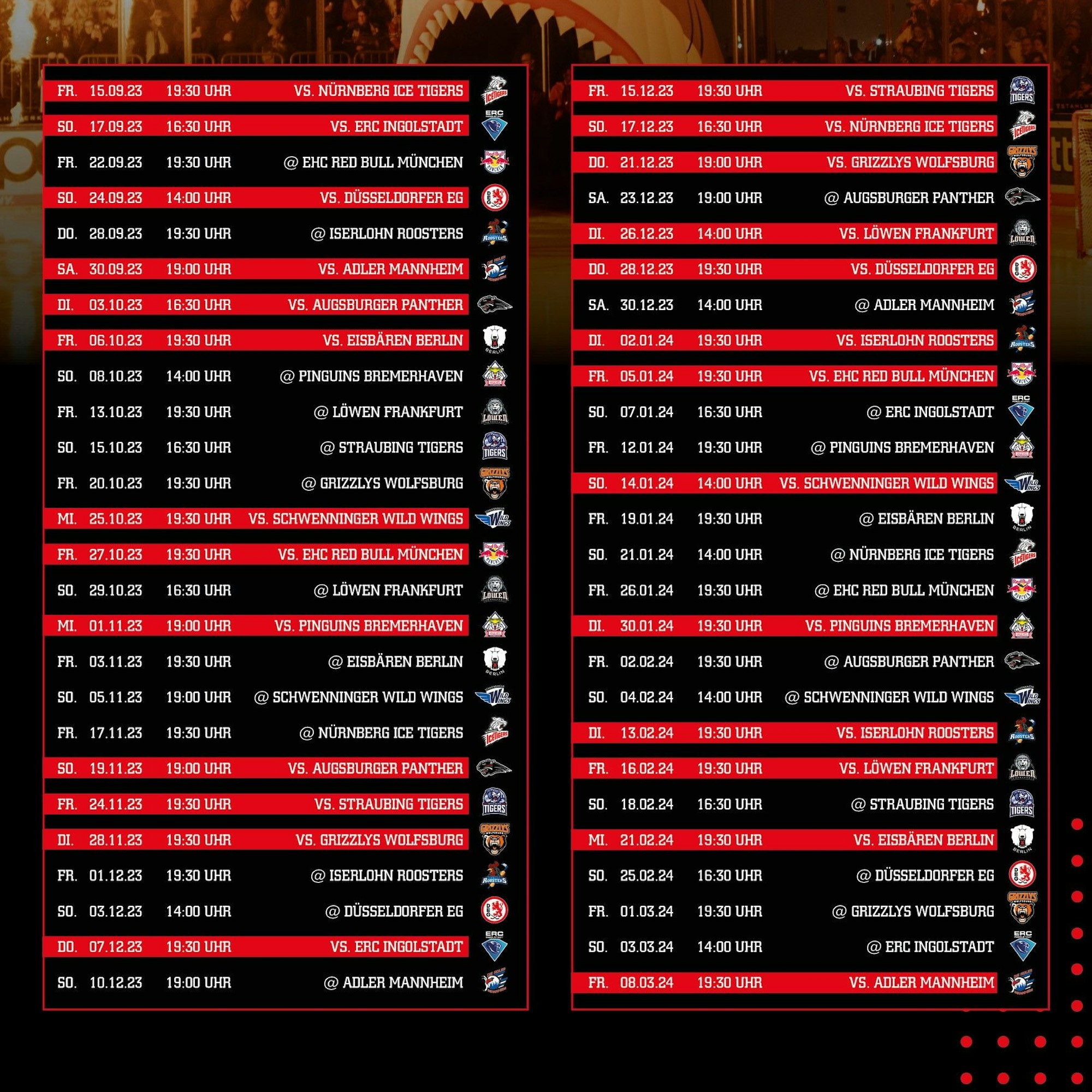 Der Spielplan der Kölner Haie für die neue Saison in der DEL.