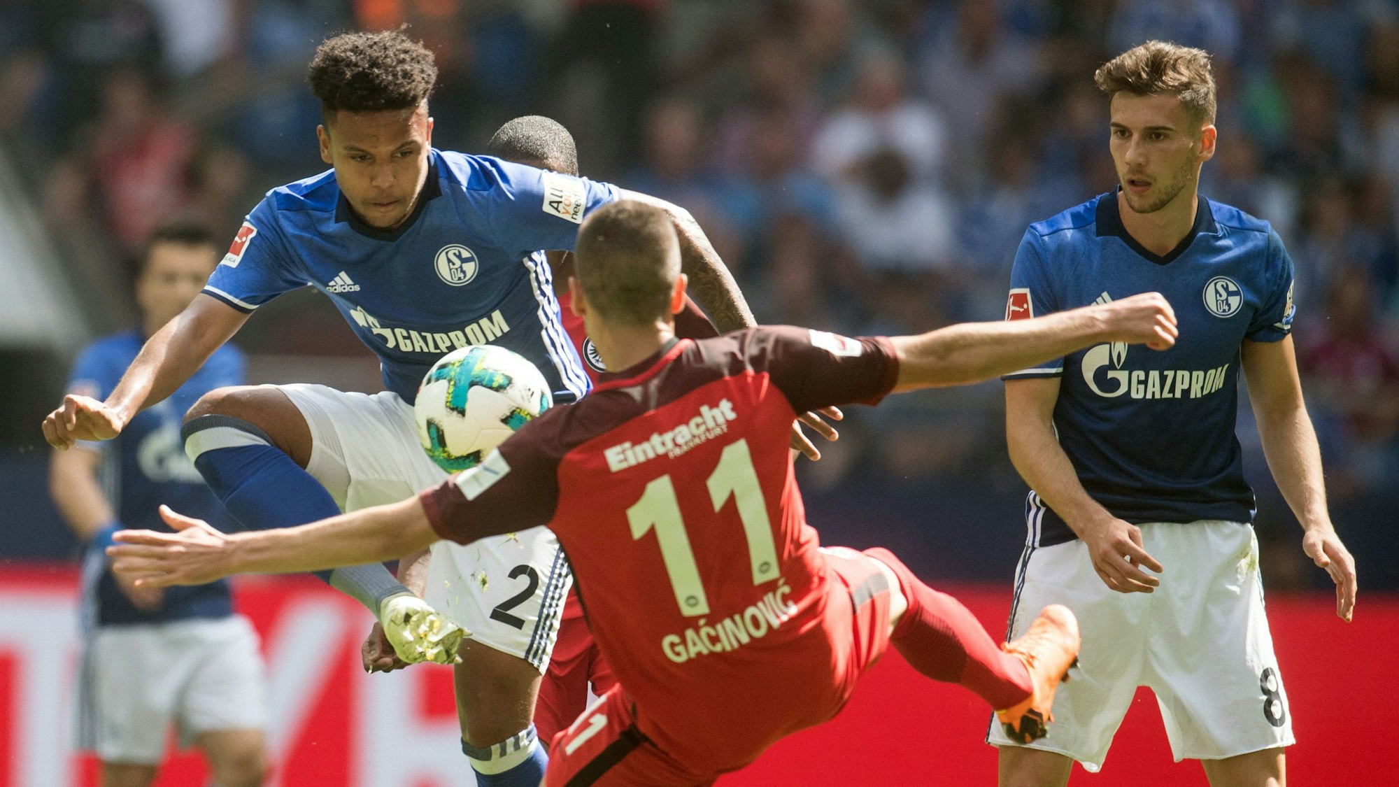 Weston McKennie im Zweikampf mit Frankfurts Mijat Gacinovic. Leon Goretzka schaut zu.
