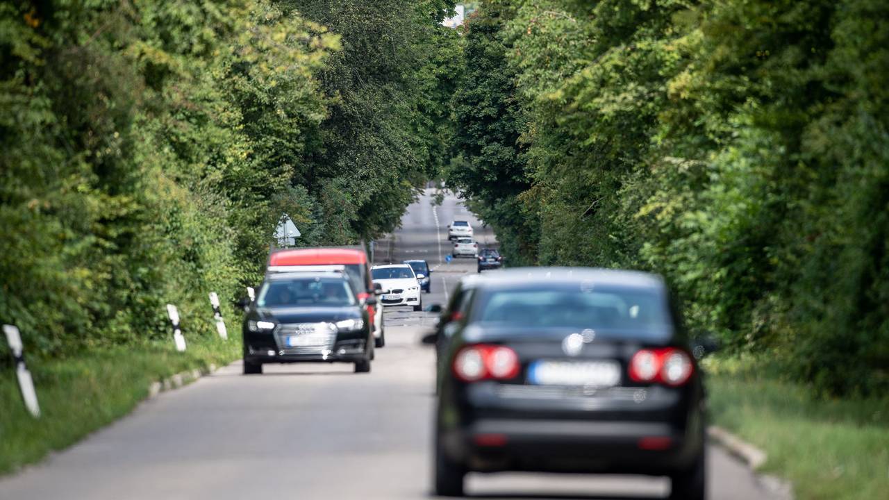 Autos fahren über eine Landstraße.
