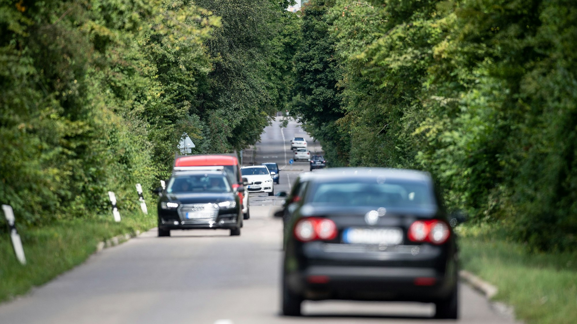 Autos fahren über eine Landstraße.