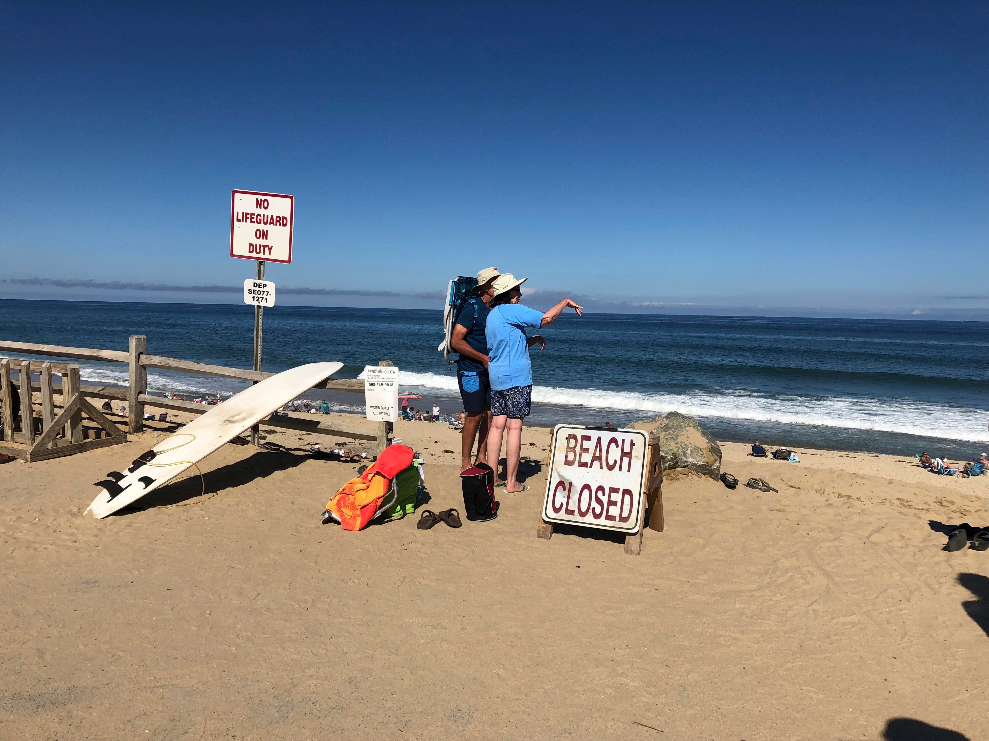 Zwei Leute schauen nach einem Haiangriff am Newcomb Hollow Beach, der jetzt gesperrt ist, in Richtung Meer.