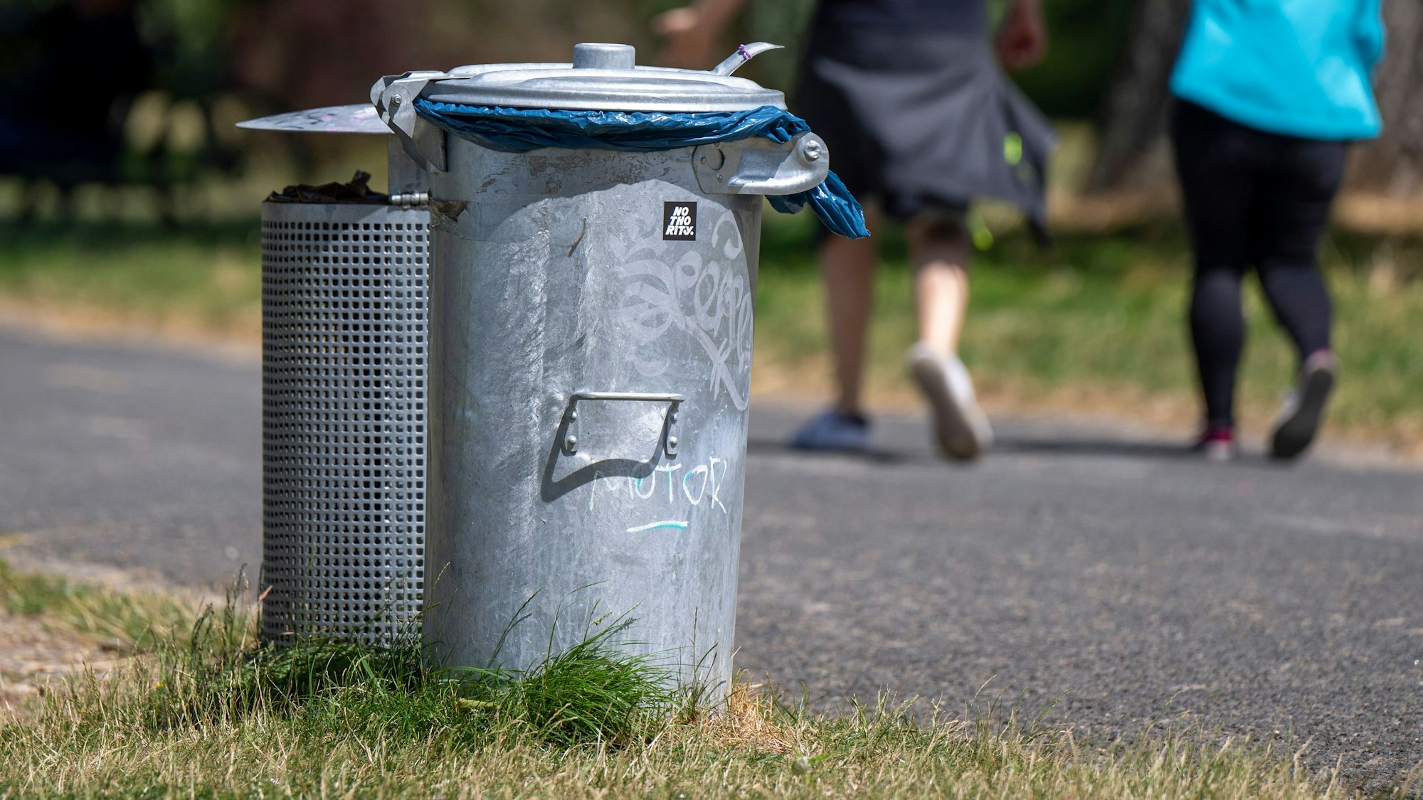 Eine Ringtonne aus Metall steht in einer Parkanlage.