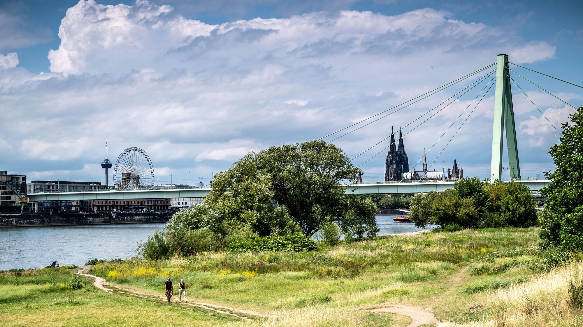 Blick vom Rheinufer auf die Severinsbrücke in Köln. Im Vordergrund sind auch Fußgänger zu sehen, im Hintergrund der Kölner Dom.
