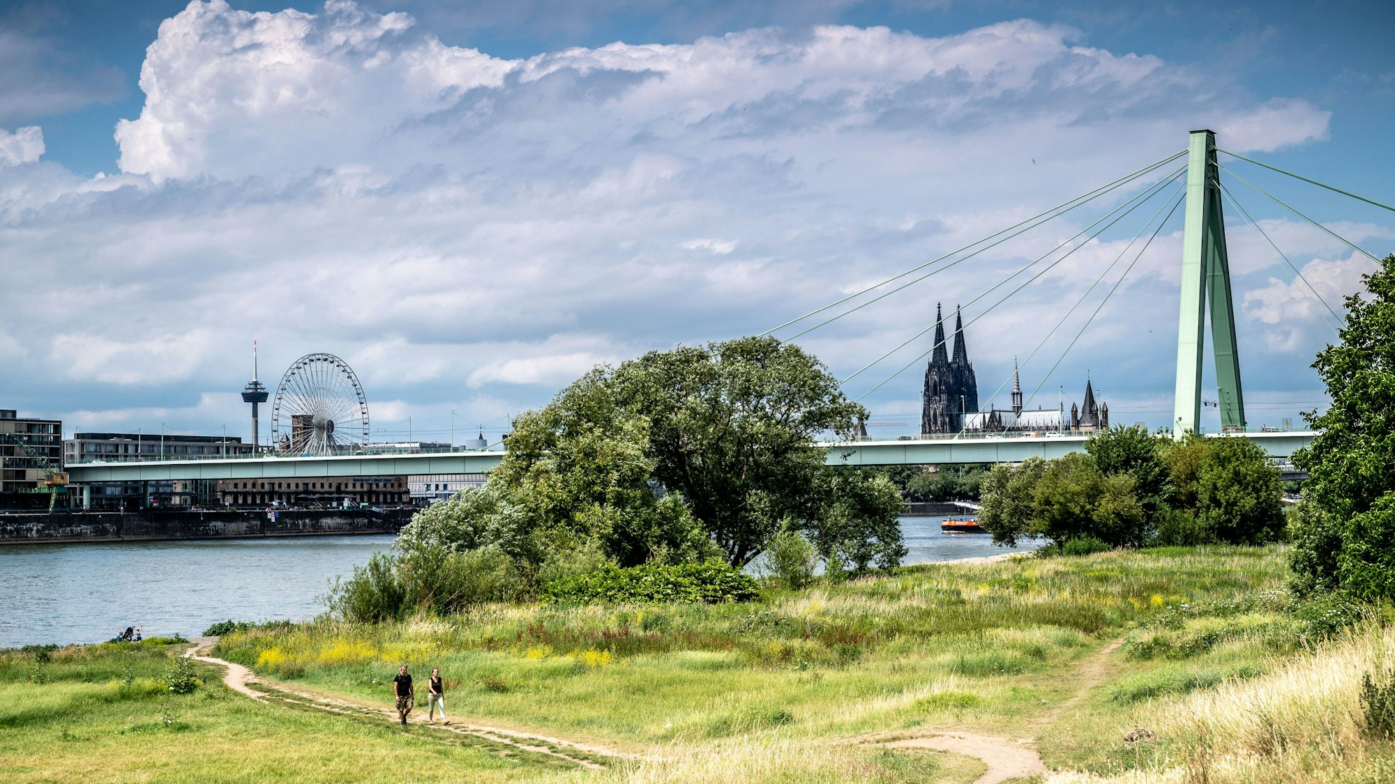 Blick vom Rheinufer auf die Severinsbrücke in Köln. Im Vordergrund sind auch Fußgänger zu sehen, im Hintergrund der Kölner Dom.