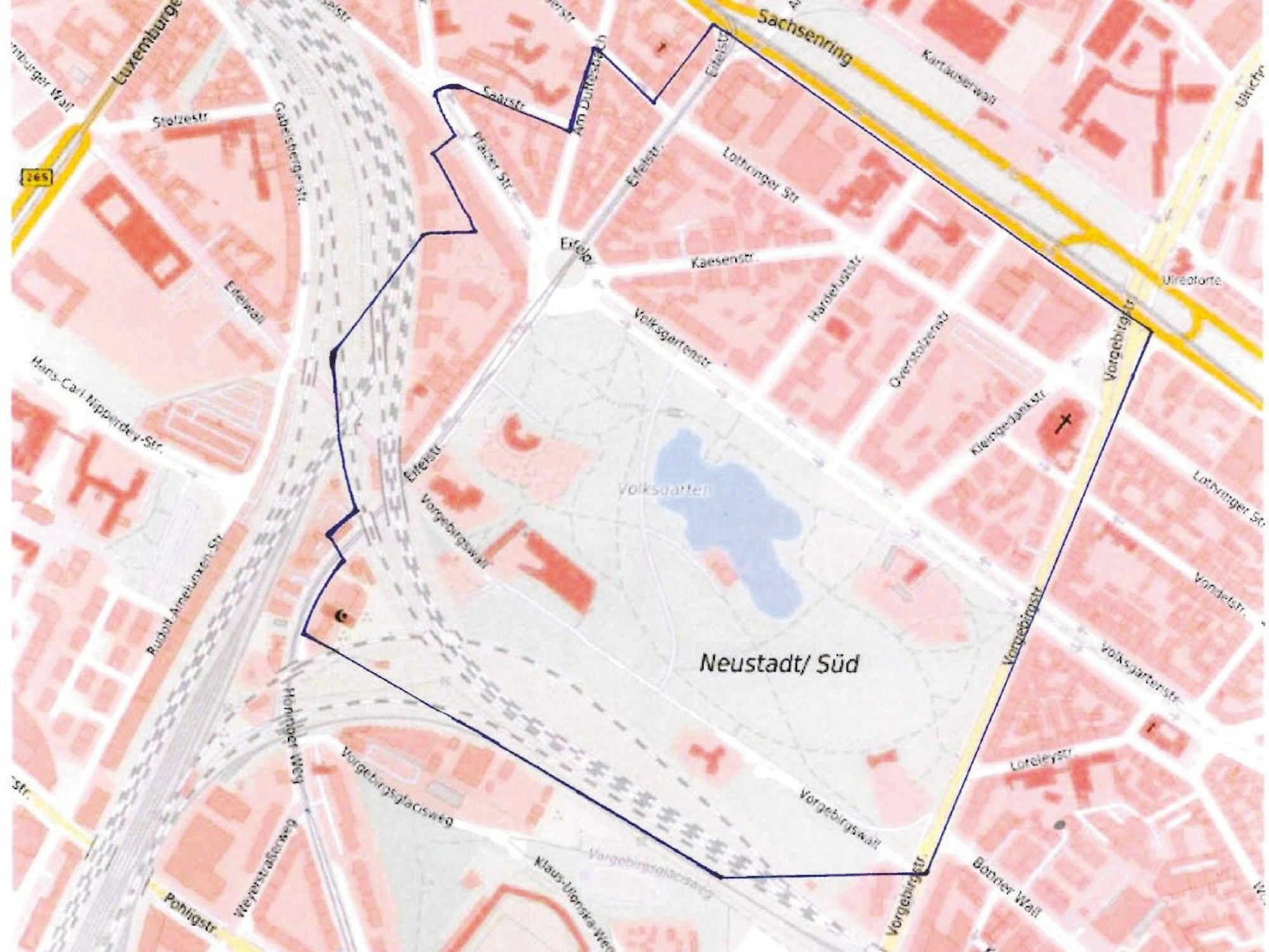 Der Evakuierungsradius bezüglich des Bombenfundes im Volksgarten.