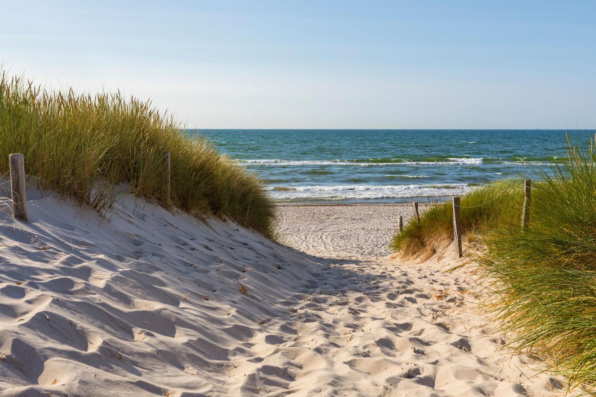 Der Blick von den Dünen auf den Strand und das Meer.