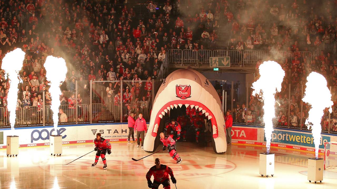 Die Spieler der Kölner Haie laufen vor einem DEL-Heimspiel aufs Eis.