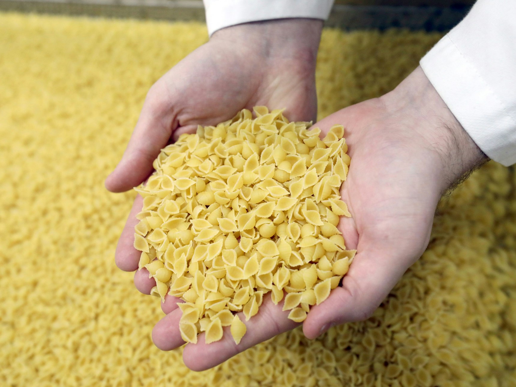 Ein Mitarbeiter kontrolliert Suppennudeln an der Produktzuführung eines Nudelherstellers zur Verpackung.