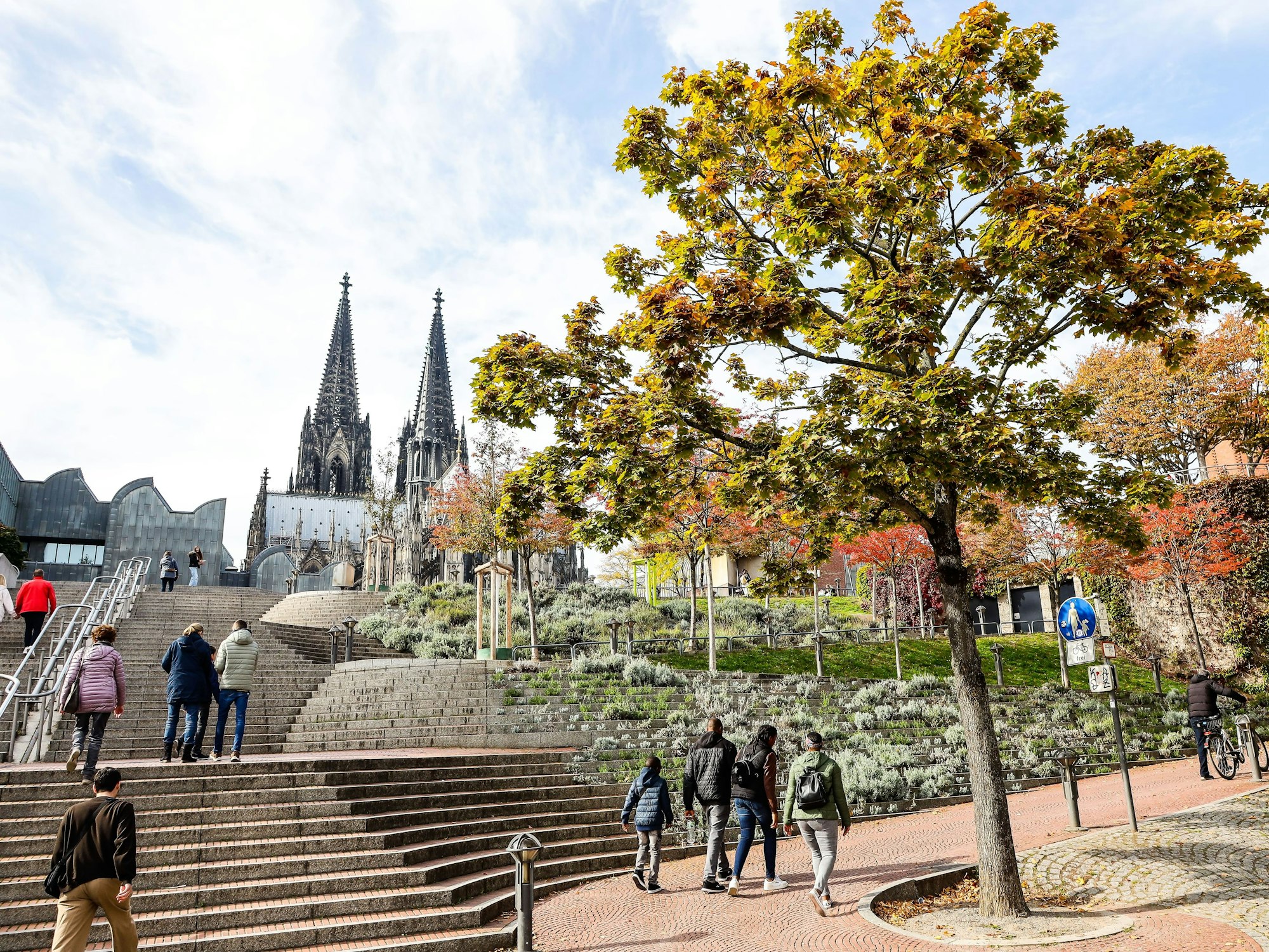 Ein Blick von der Rheinpromenade auf den Kölner Dom.