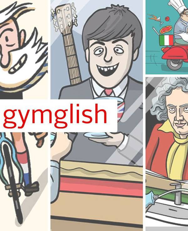 Comic Bilder von Gymglish von Hotel Borbollon, Saga Baldoria, Frantastique als Collage.