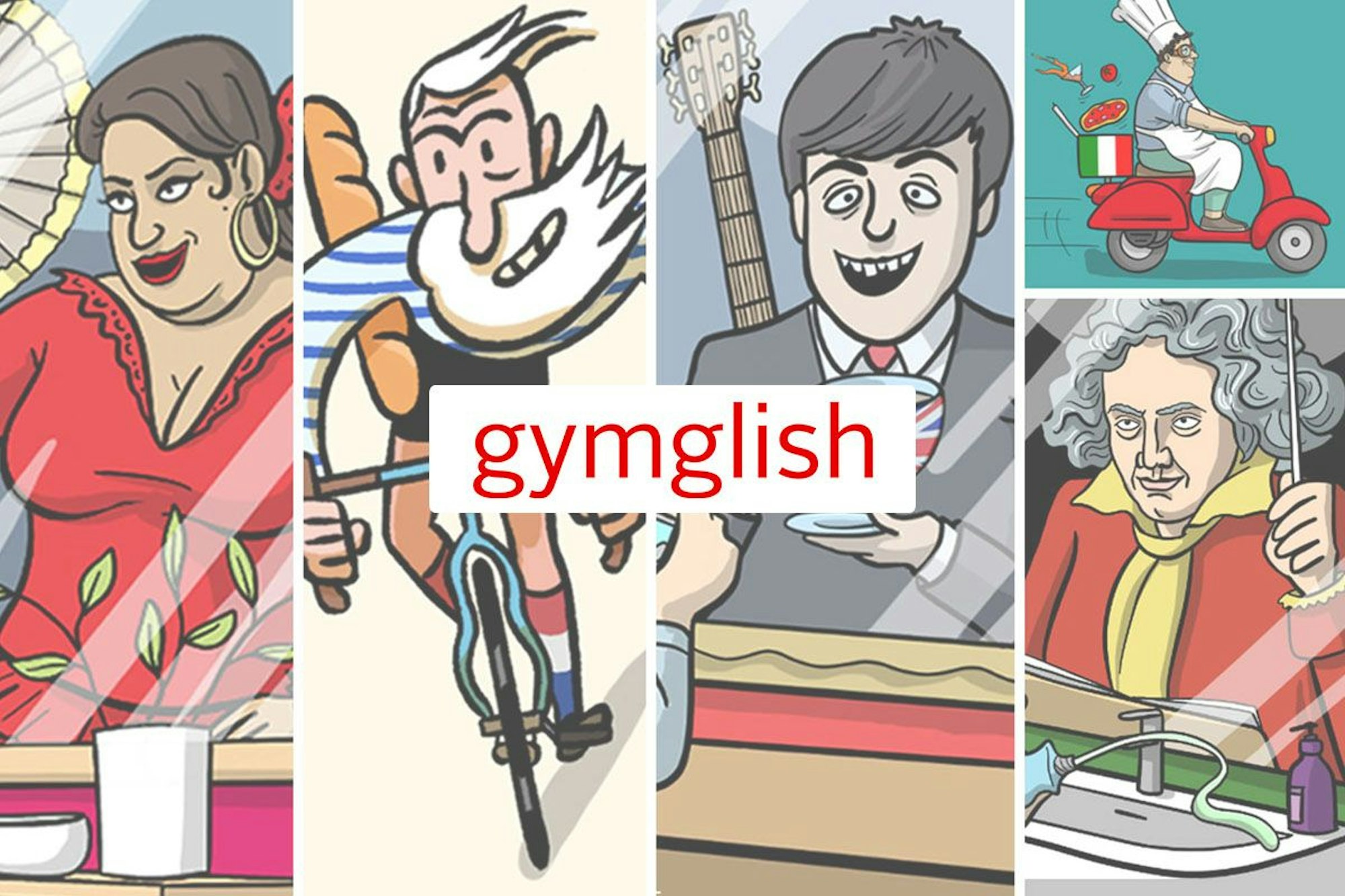 Comic Bilder von Gymglish von Hotel Borbollon, Saga Baldoria, Frantastique als Collage.