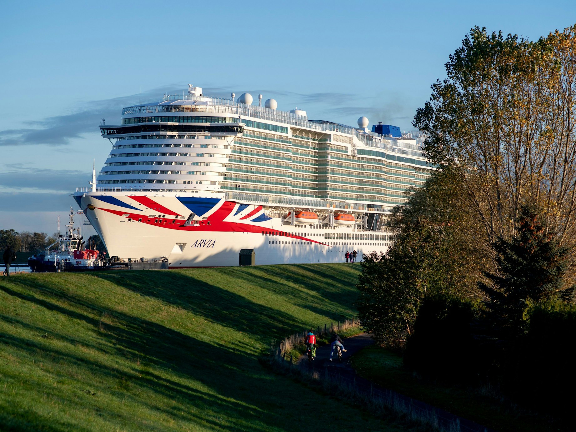 Ein Kreuzfahrtschiff fährt auf der Ems, im Vordergrund befinden sich ein Wiesenabhang und Bäume.