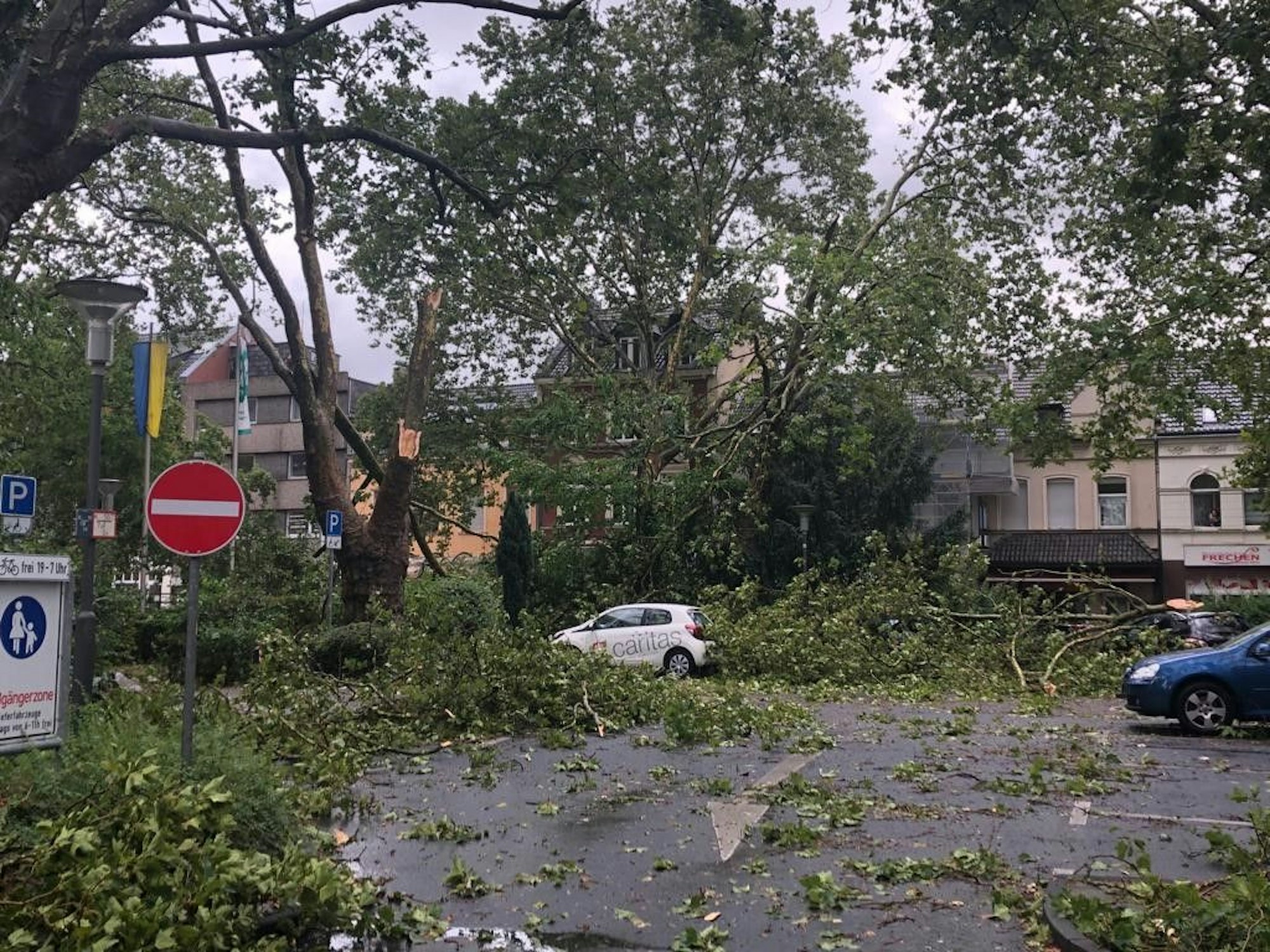 Abgerissene Äste und Blätter bedecken den Parkplatz des Rathauses in Frechen.