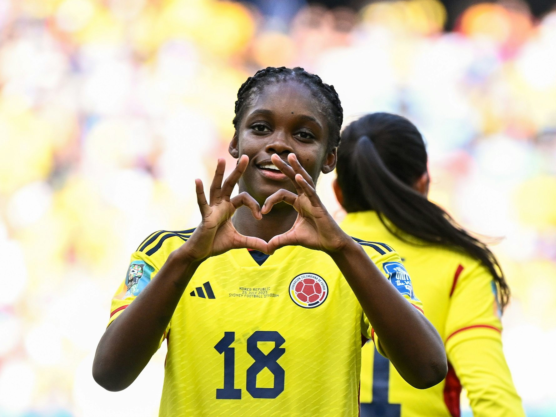 Linda Caicedo aus Kolumbien jubelt nach ihrem ersten WM-Tor gegen Südkorea am 25. Juli 2023.