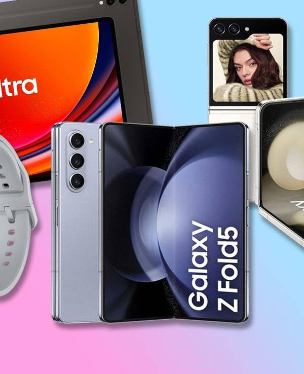Bilder von Samsung Galaxy Watch6, Galaxy Z Fold5, Galaxy Z Flip5 Smartphone, Galaxy Tab S9 Ultra.