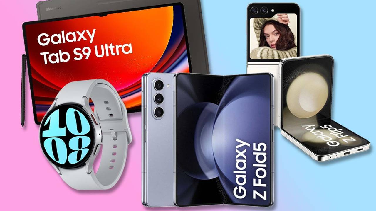 Bilder von Samsung Galaxy Watch6, Galaxy Z Fold5, Galaxy Z Flip5 Smartphone, Galaxy Tab S9 Ultra.