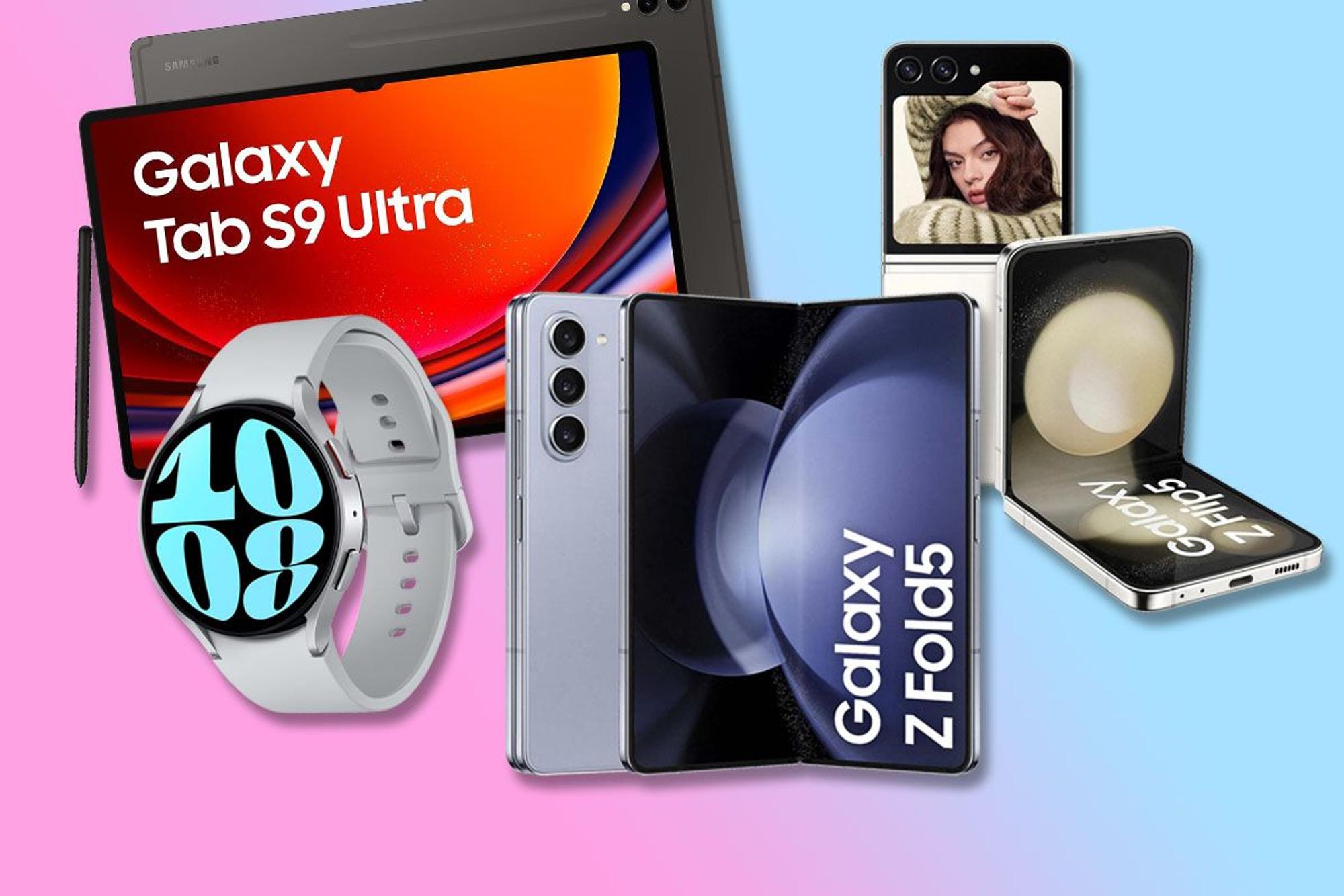 Bilder von Samsung Galaxy Watch6, Galaxy Z Fold5, Galaxy Z Flip5 Smartphone, Galaxy Tab S9 Ultra.