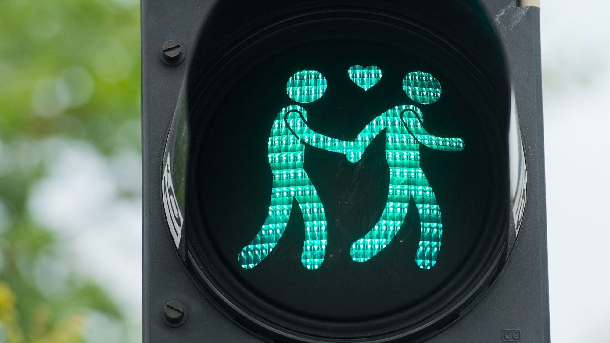 Eine Ampel, die grün leuchtet in München, mit schwulen Ampelmännchen.